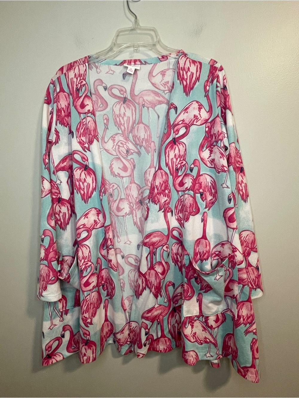 LuLaRoe Flamingo Print Open Cardigan - Pink & Light Blue
